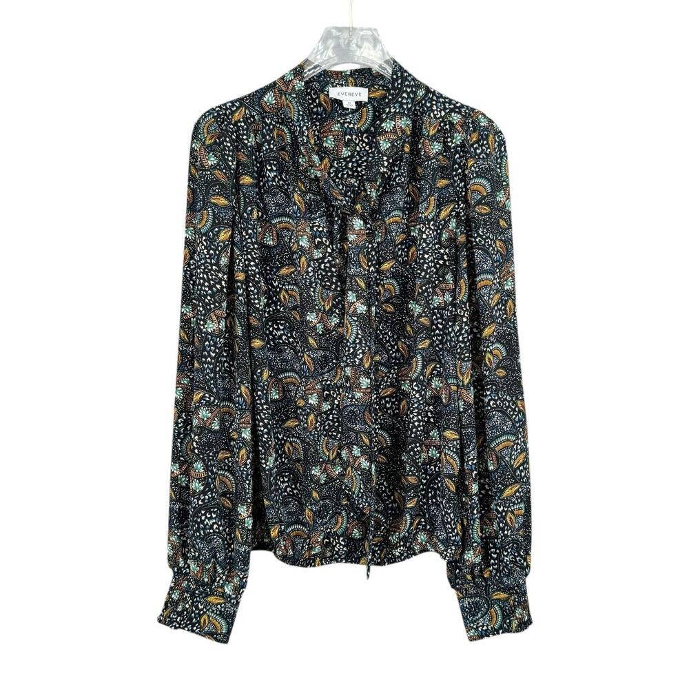 Evereve Charlie Neck Tie Teal Multicolor Printed Long Sleeve Chiffon Blouse - Picture 8 of 12
